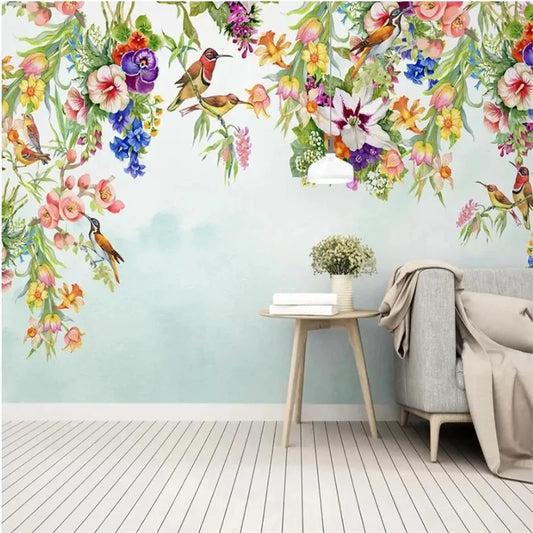 Mural fotográfico 3d personalizado, papel de pared nórdico pintado a mano con flores, pájaros y lirios, mural para sala de estar y dormitorio